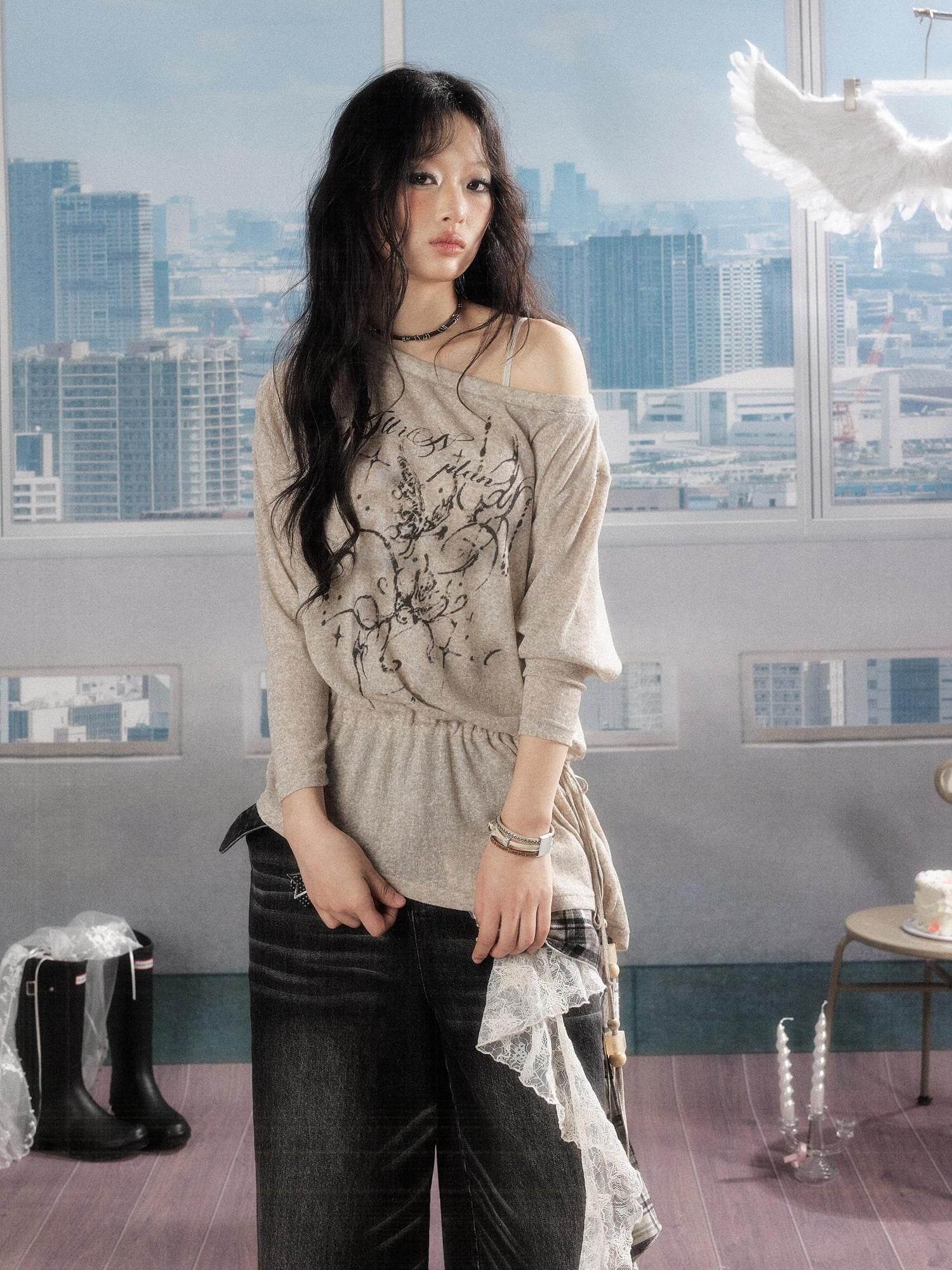 ALL iN plan Uv Protective Loose A Line Sleeve Slanted Neck Women Khaki Long Sleeve T-Shirts
