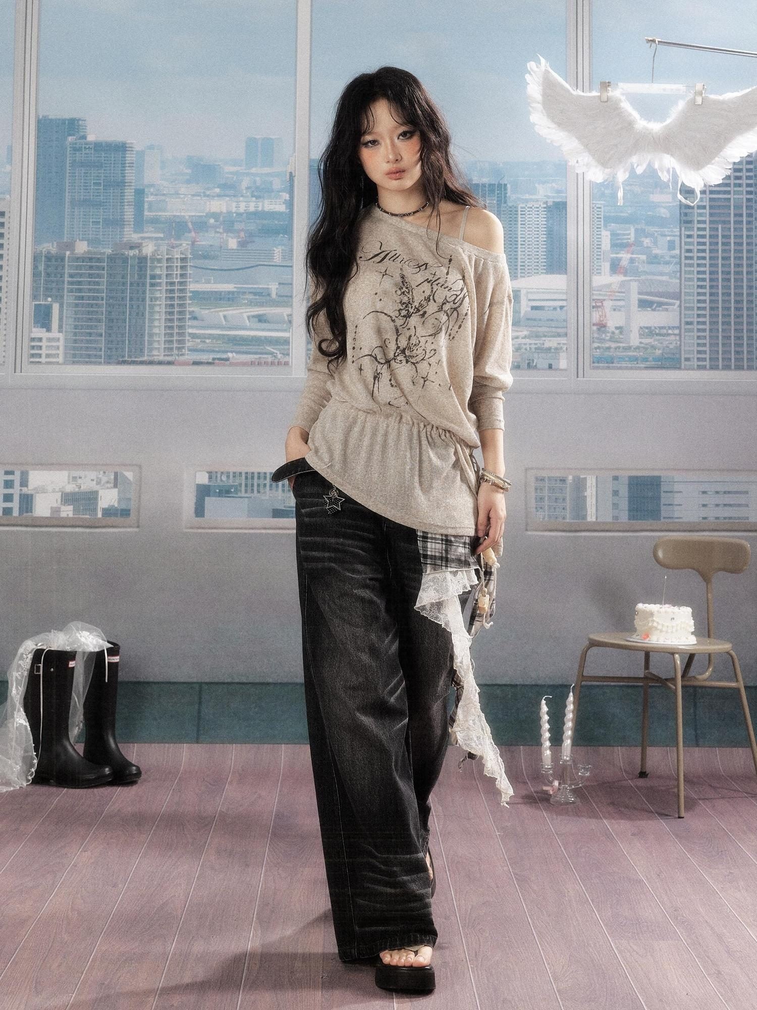 ALL iN plan Uv Protective Loose A Line Sleeve Slanted Neck Women Khaki Long Sleeve T-Shirts