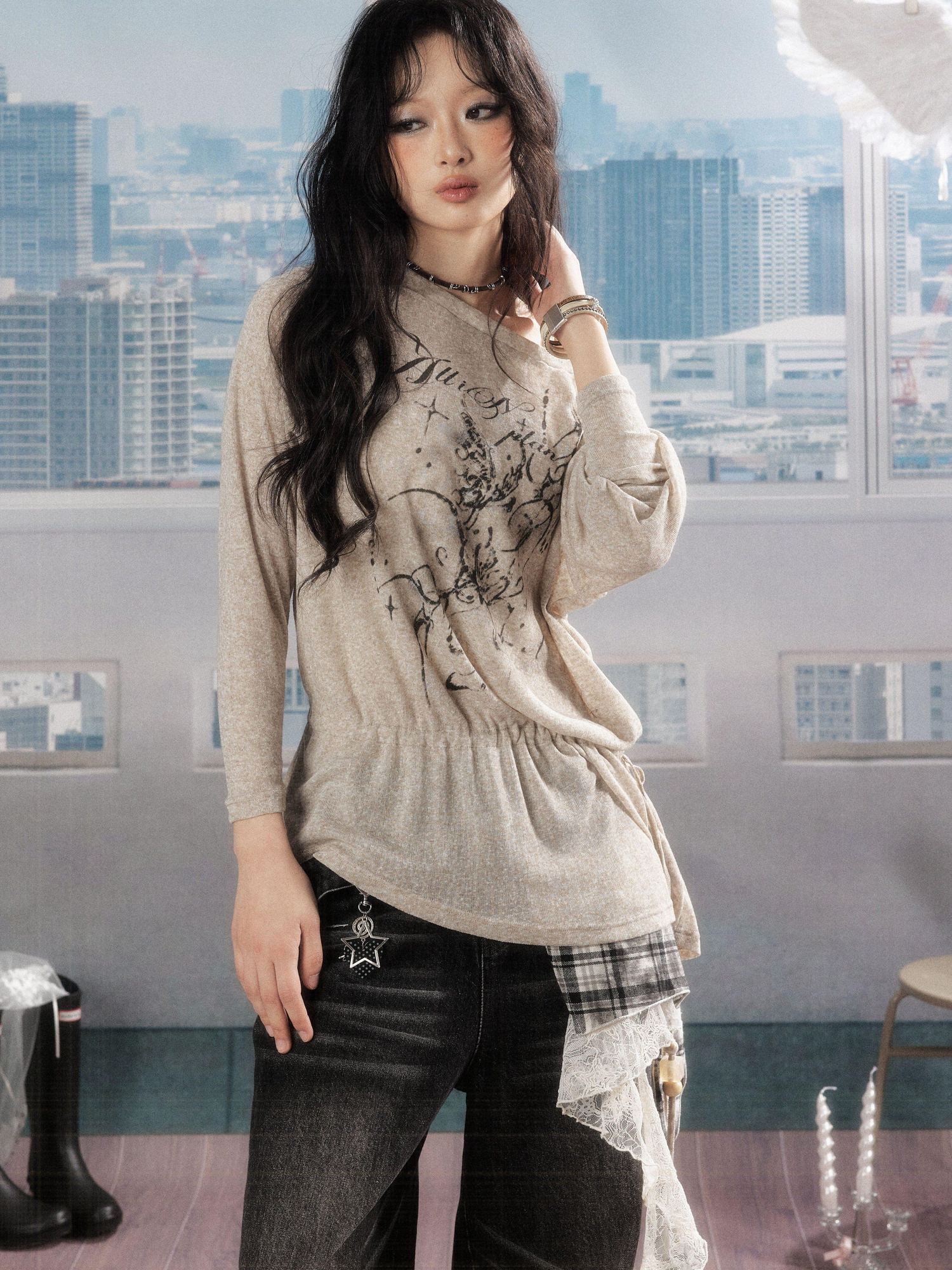 ALL iN plan Uv Protective Loose A Line Sleeve Slanted Neck Women Khaki Long Sleeve T-Shirts