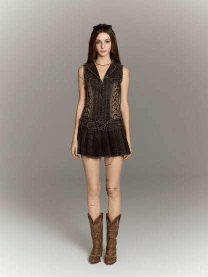 ALL iN plan Vintage Cowgirl Denim Mini Dress with Distressed Lace Up Butterfly Belt