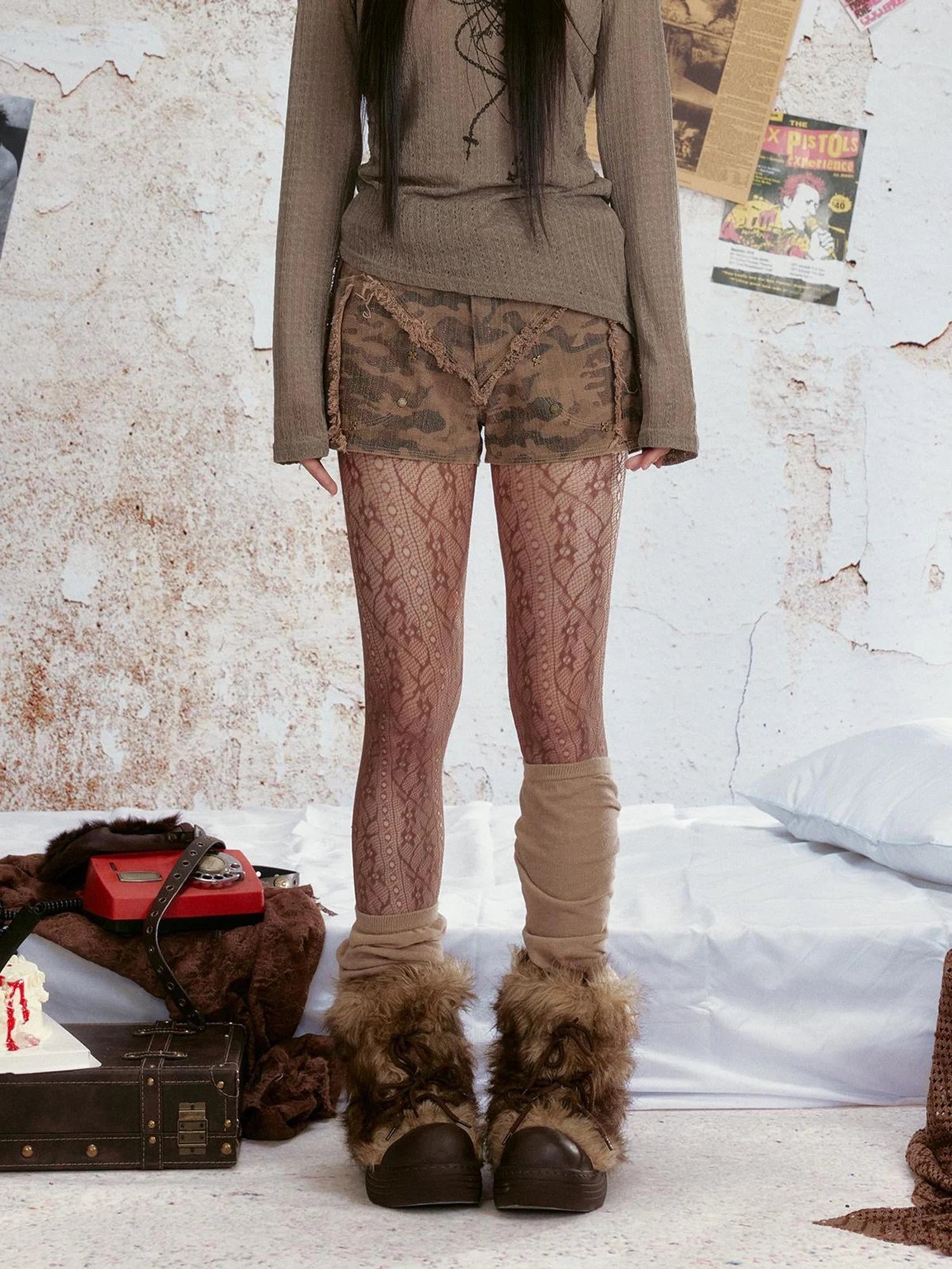 Vintage Distressed Camo Denim Shorts