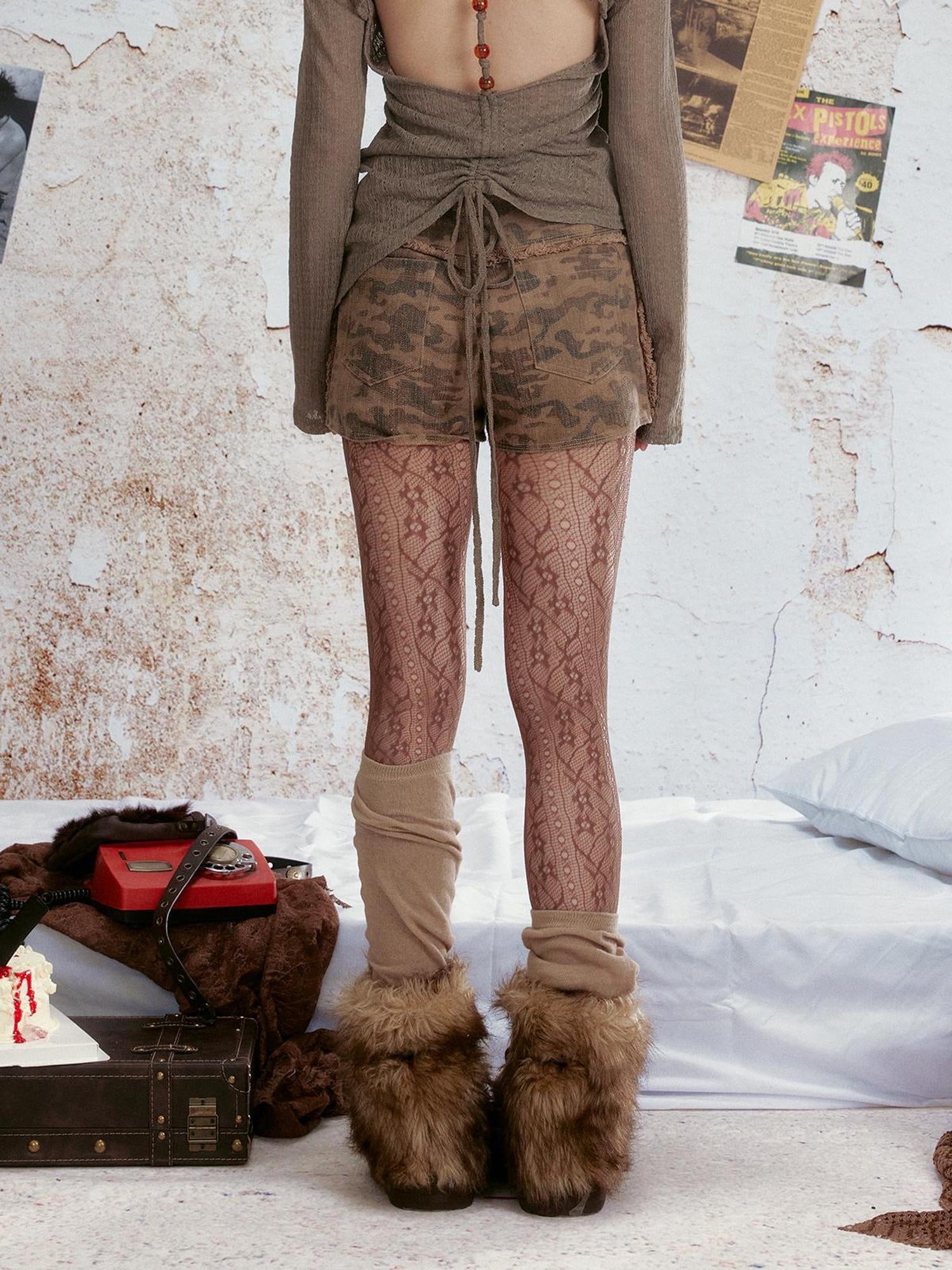 ALL iN plan Vintage Distressed Camo Denim Shorts