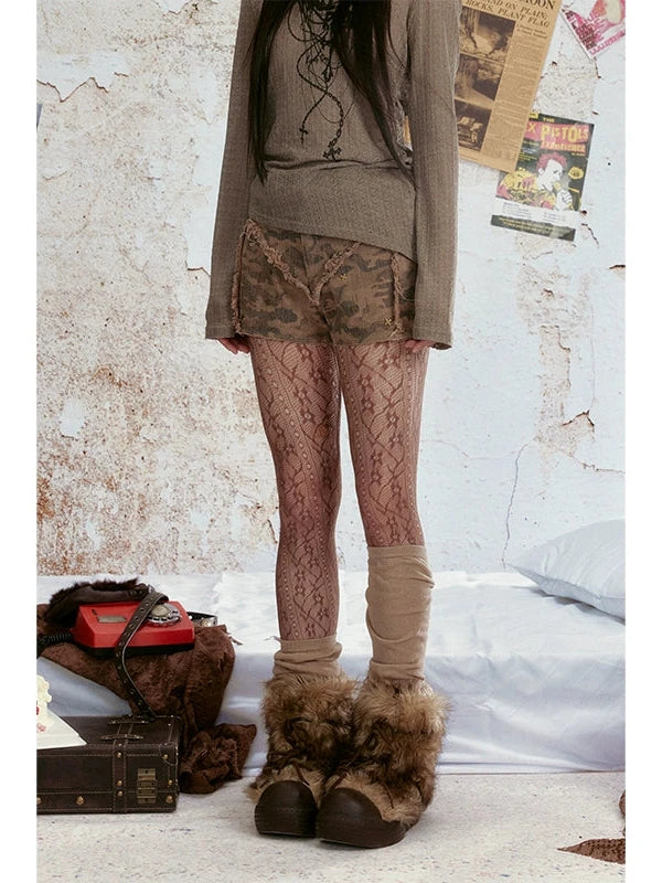 Vintage Distressed Camo Denim Shorts