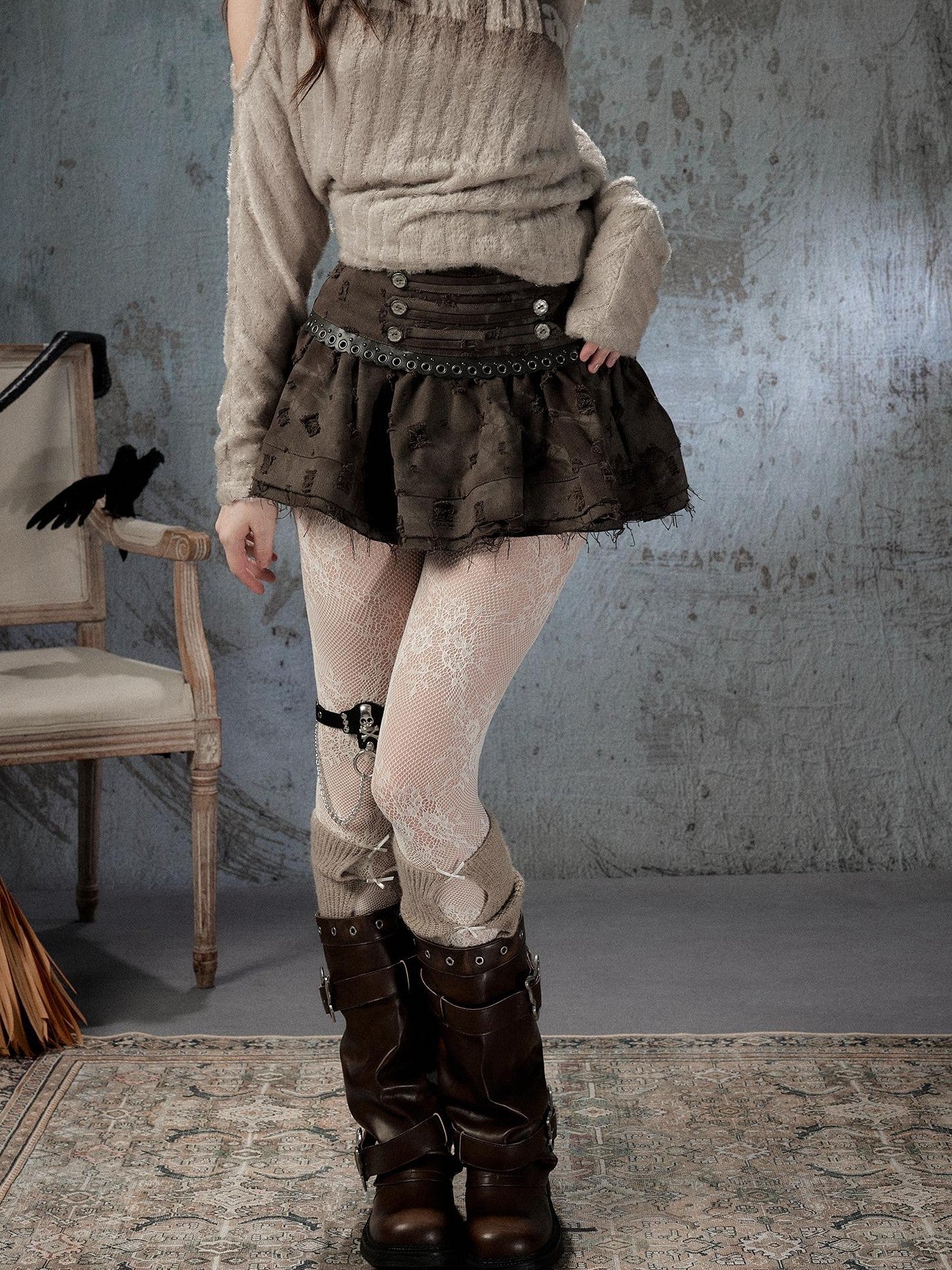 ALL iN plan Vintage Distressed Ruffle A Line Women&