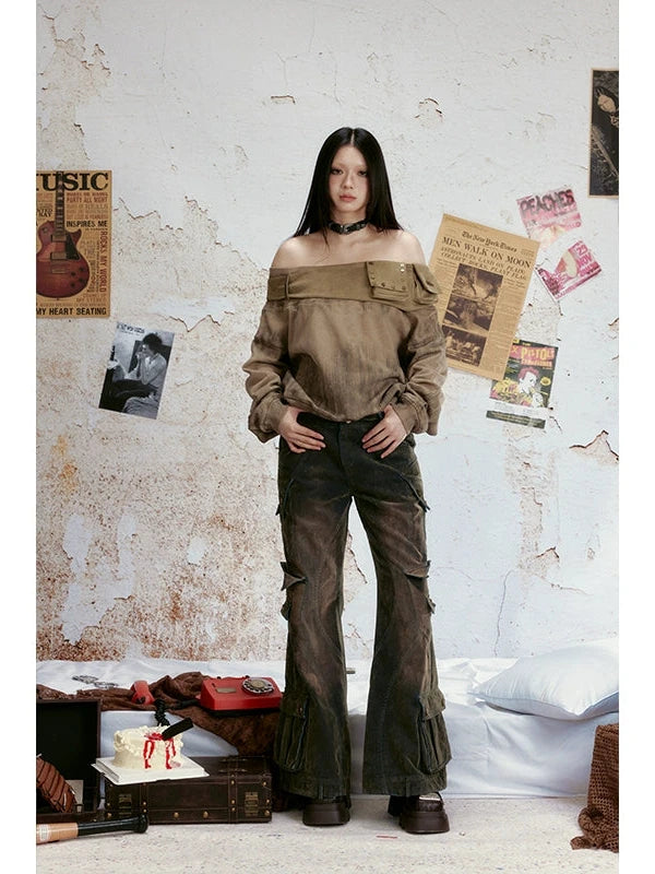 Vintage Distressed Two Way Shoulder Cut Out Hoodie