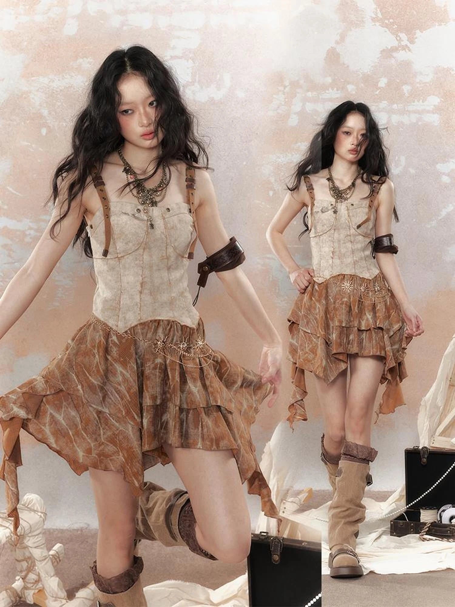 Vintage Dye Cotton Patchwork Slim Mini Dress V Neck T Shirt Long Sleeve