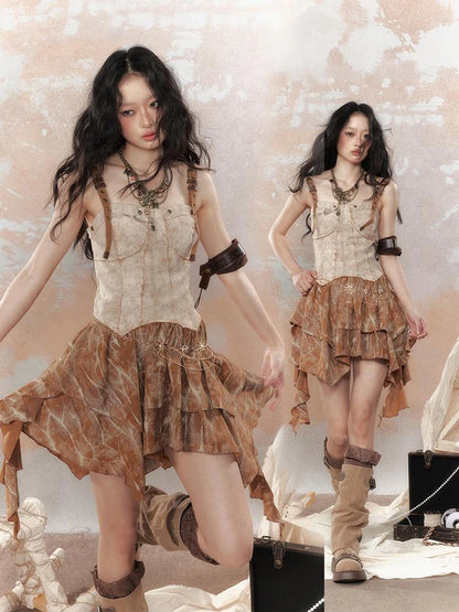 Vintage Dye Cotton Patchwork Slim Mini Dress V Neck T Shirt Long Sleeve