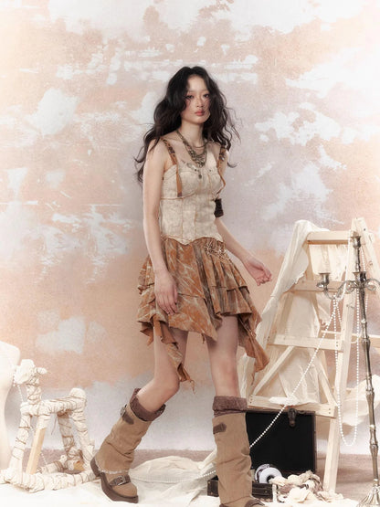 Vintage Dye Cotton Patchwork Slim Mini Dress V Neck T Shirt Long Sleeve