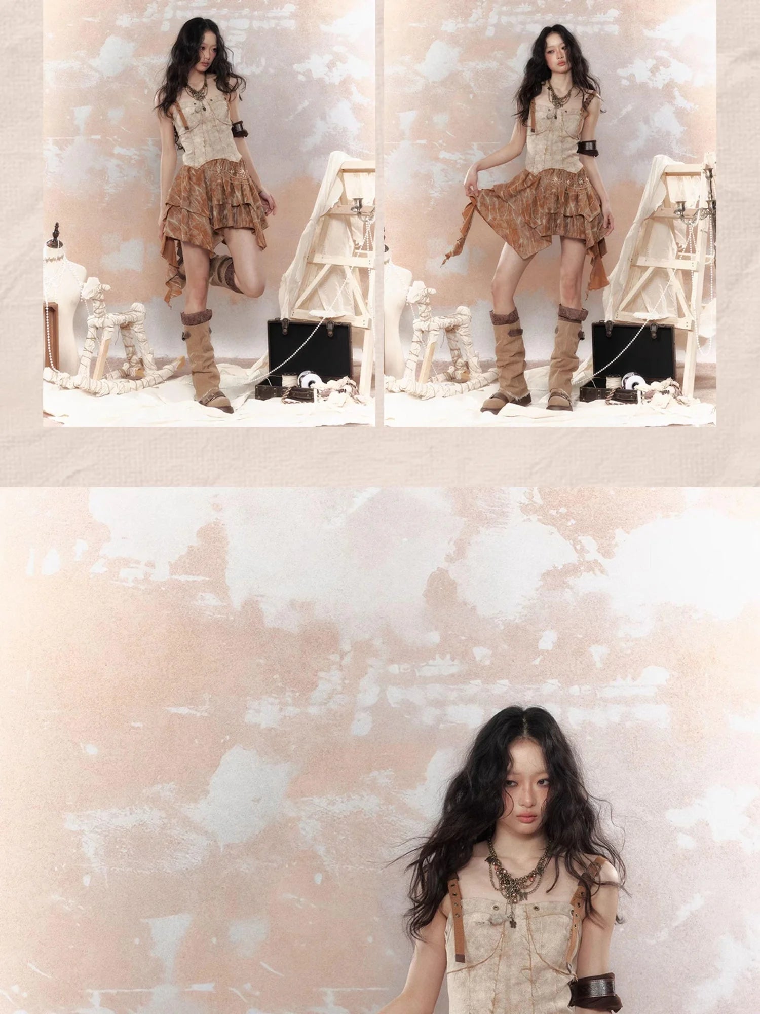 Vintage Dye Cotton Patchwork Slim Mini Dress V Neck T Shirt Long Sleeve