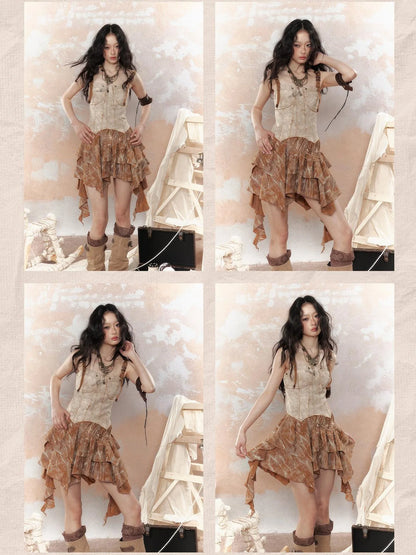 Vintage Dye Cotton Patchwork Slim Mini Dress V Neck T Shirt Long Sleeve