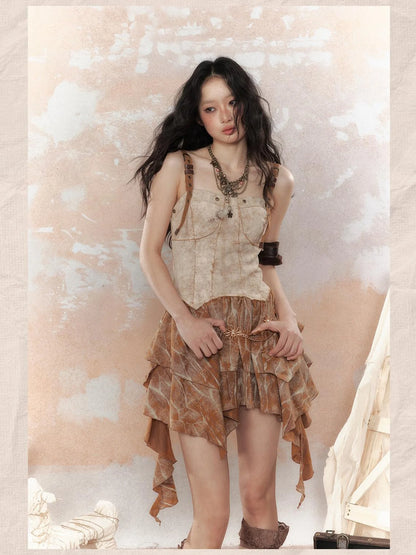 Vintage Dye Cotton Patchwork Slim Mini Dress V Neck T Shirt Long Sleeve