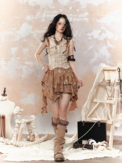 Vintage Dye Cotton Patchwork Slim Mini Dress V Neck T Shirt Long Sleeve