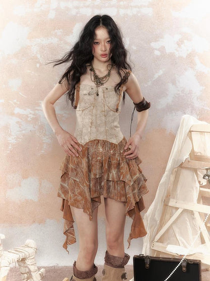 Vintage Dye Cotton Patchwork Slim Mini Dress V Neck T Shirt Long Sleeve