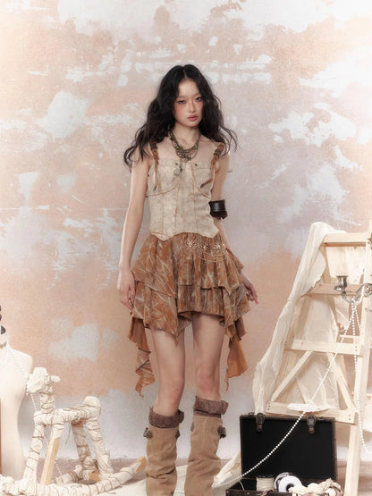 Vintage Dye Cotton Patchwork Slim Mini Dress V Neck T Shirt Long Sleeve