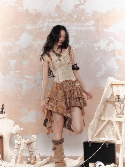 Vintage Dye Cotton Patchwork Slim Mini Dress V Neck T Shirt Long Sleeve