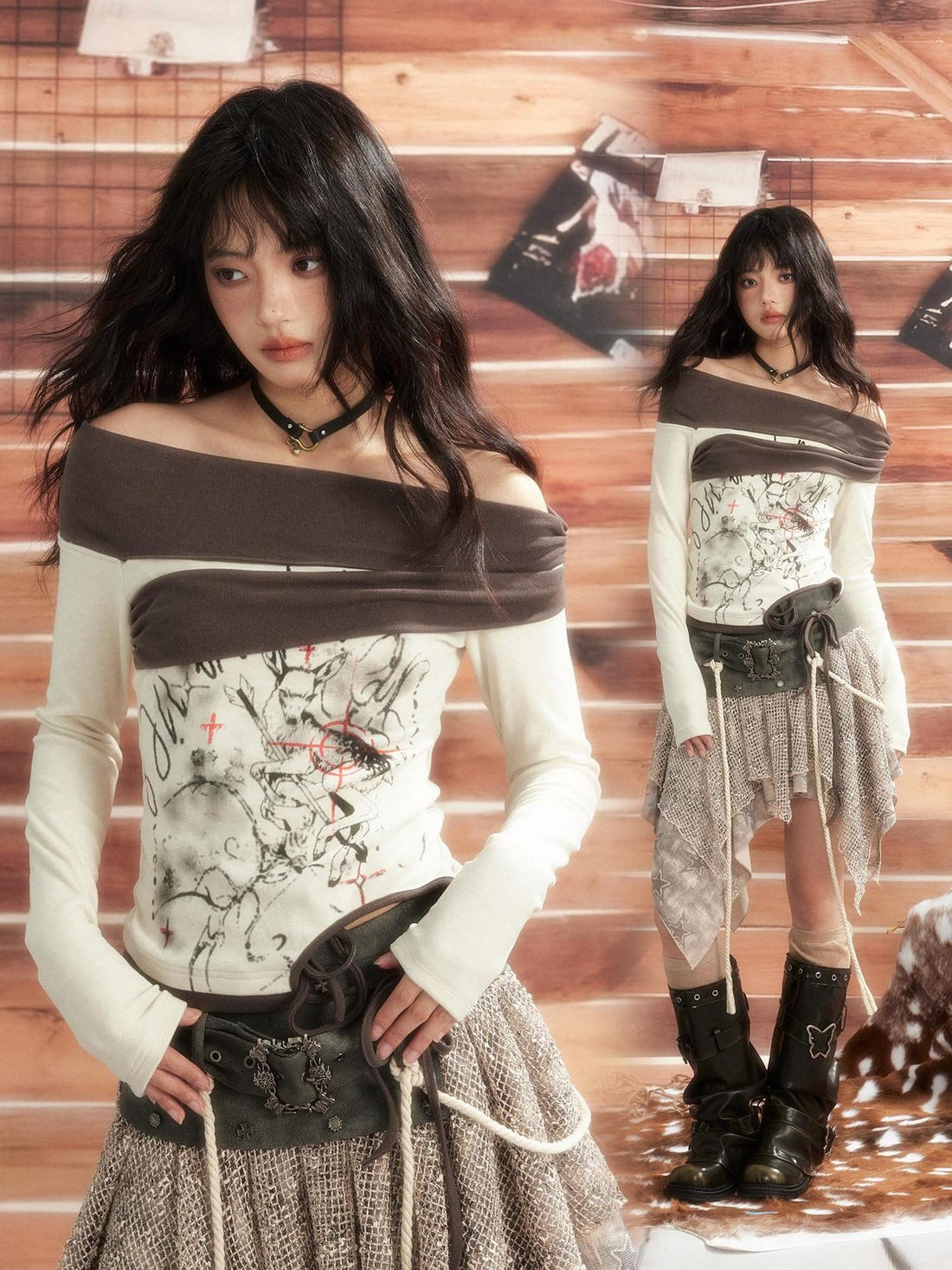 ALL iN plan Vintage One Shoulder Long Sleeve Back Button Gray White Colorblock Crop Top