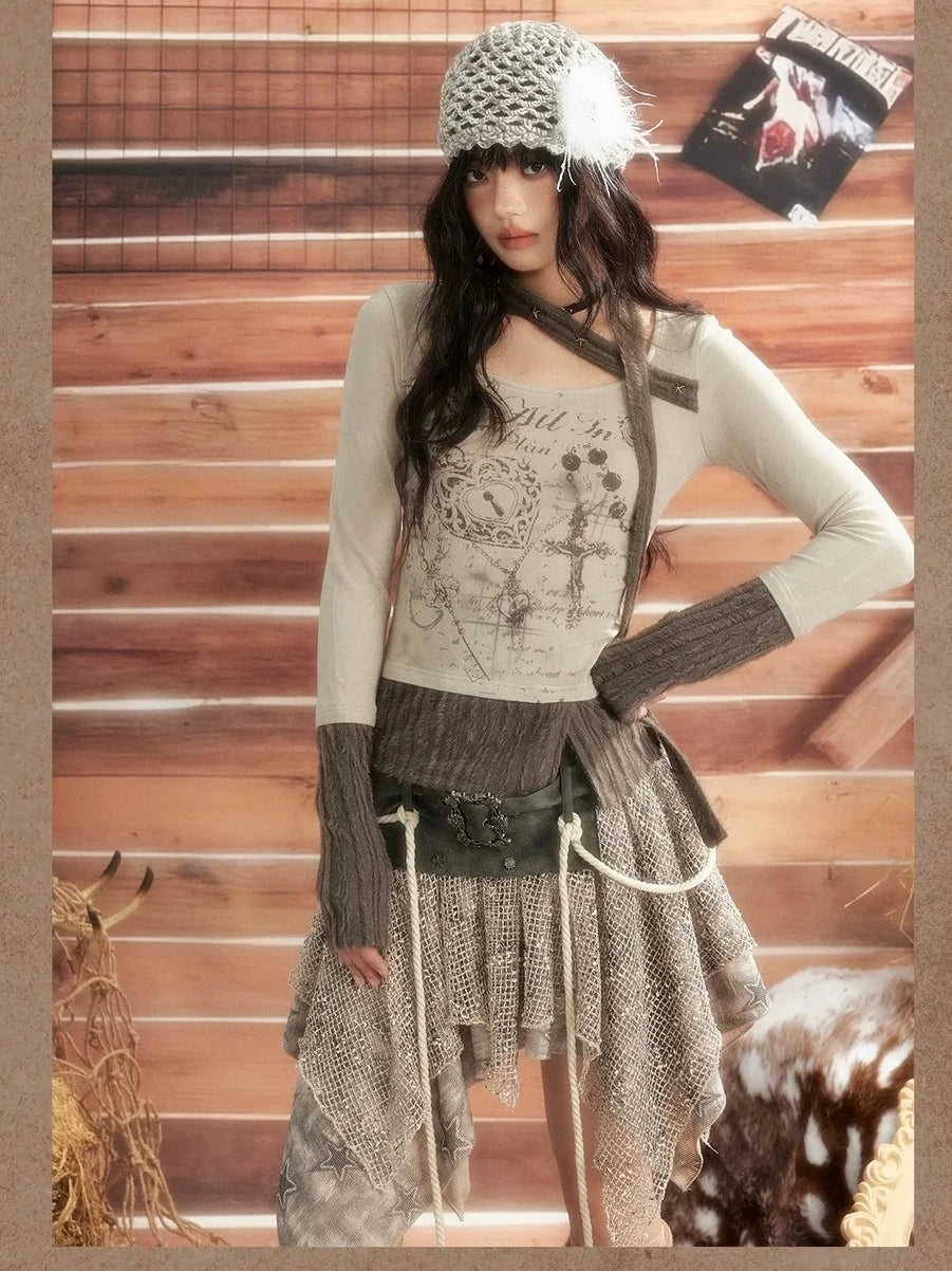 ALL iN plan Vintage Patchwork Scarf Print Fitted Top Cardigan