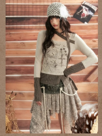 ALL iN plan Vintage Patchwork Scarf Print Fitted Top Cardigan