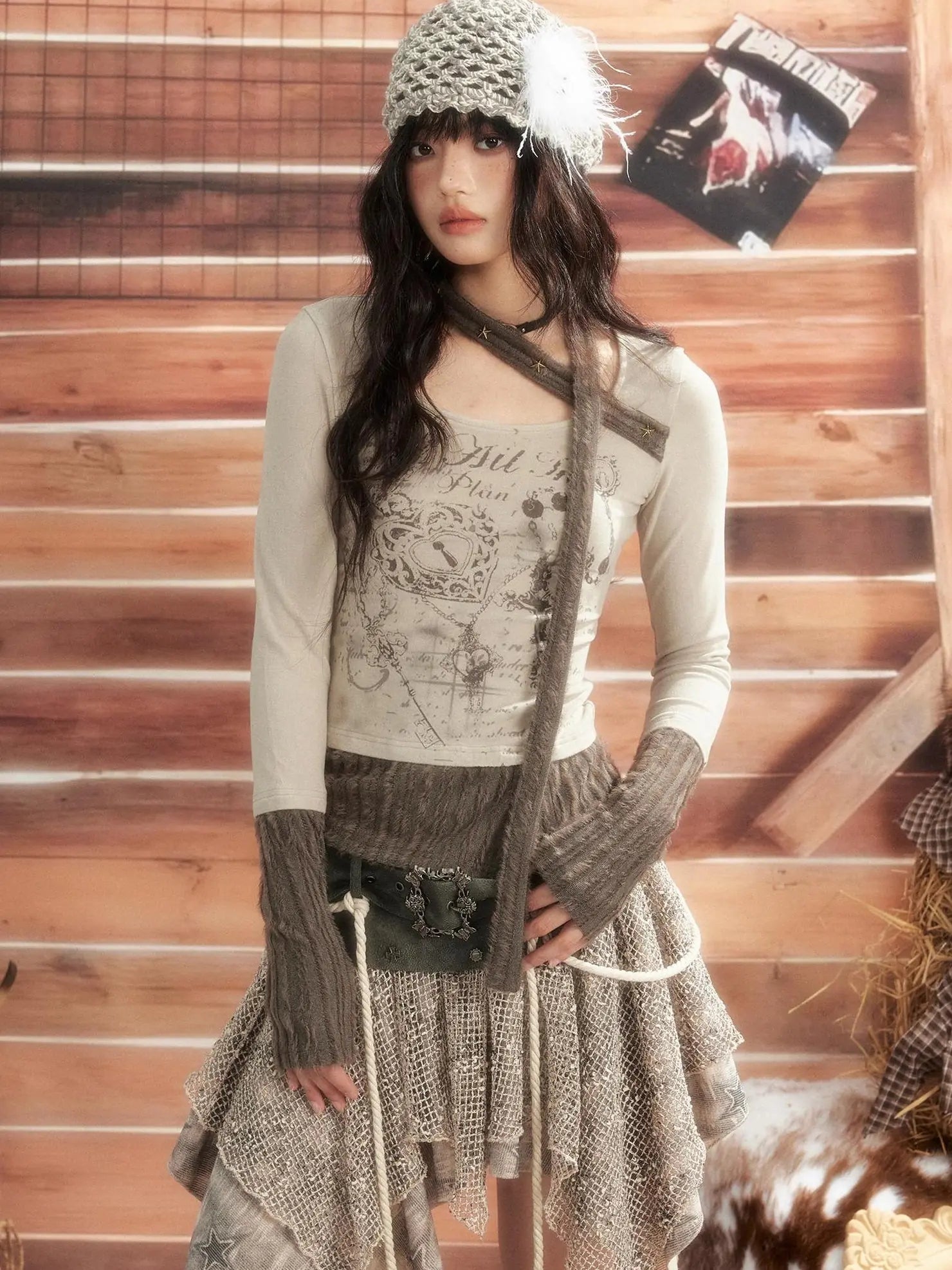 ALL iN plan Vintage Patchwork Scarf Print Fitted Top Cardigan