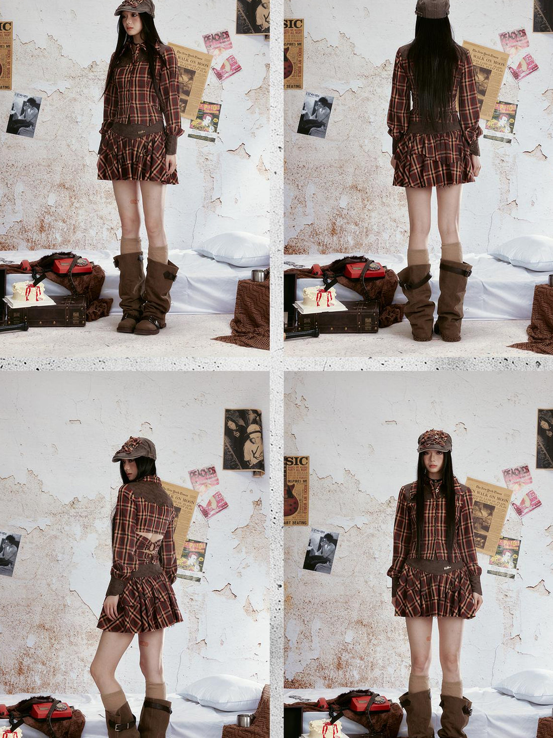 ALL iN plan Vintage Plaid Lace Up Back Shirt Tiered Skirt Set