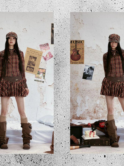 Vintage Plaid Lace Up Back Shirt Tiered Skirt Set