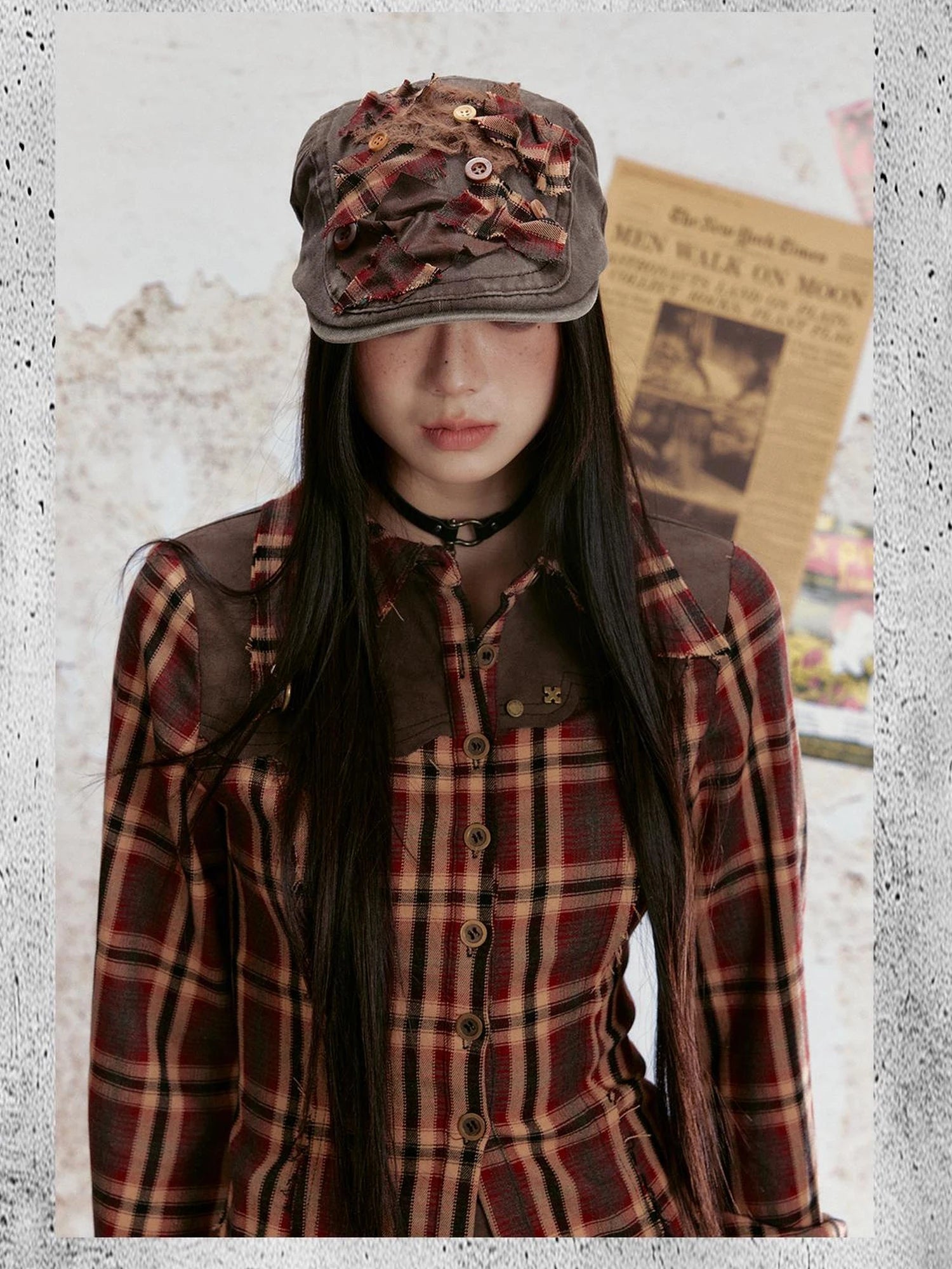 Vintage Plaid Lace Up Back Shirt Tiered Skirt Set