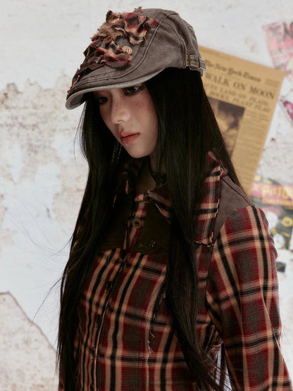 Vintage Plaid Lace Up Back Shirt Tiered Skirt Set