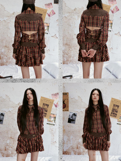 ALL iN plan Vintage Plaid Lace Up Back Shirt Tiered Skirt Set