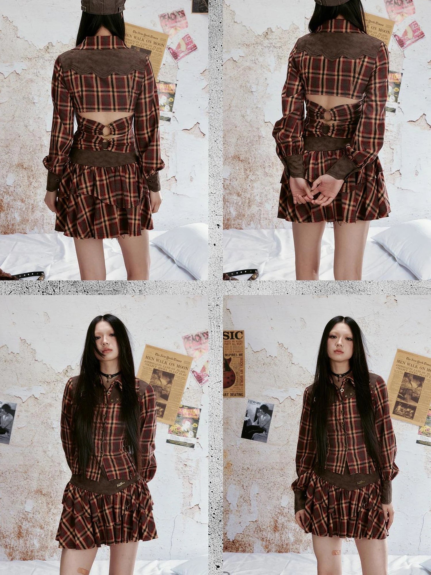 Vintage Plaid Lace Up Back Shirt Tiered Skirt Set