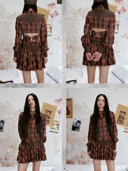 Vintage Plaid Lace Up Back Shirt Tiered Skirt Set
