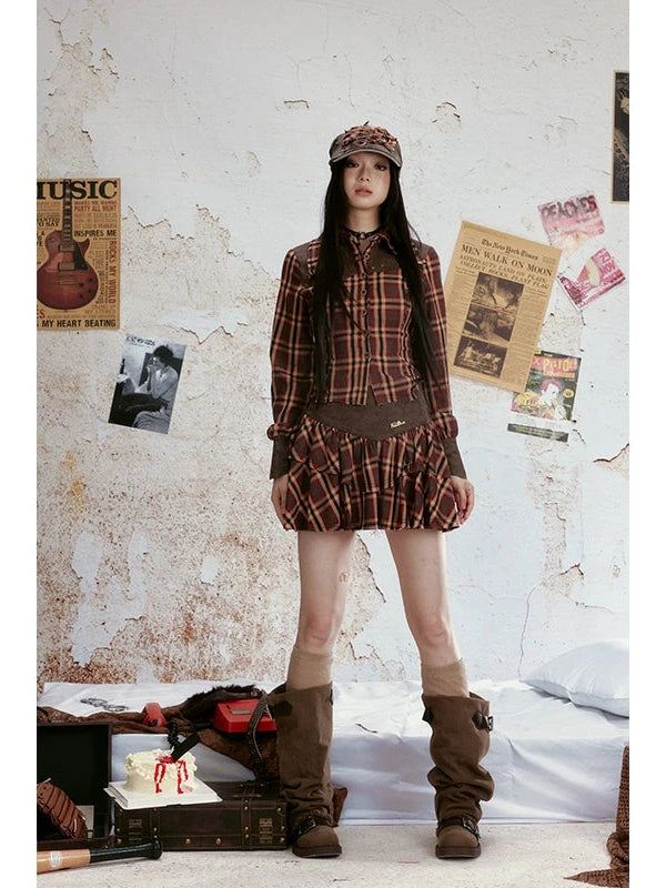 Vintage Plaid Lace Up Back Shirt Tiered Skirt Set