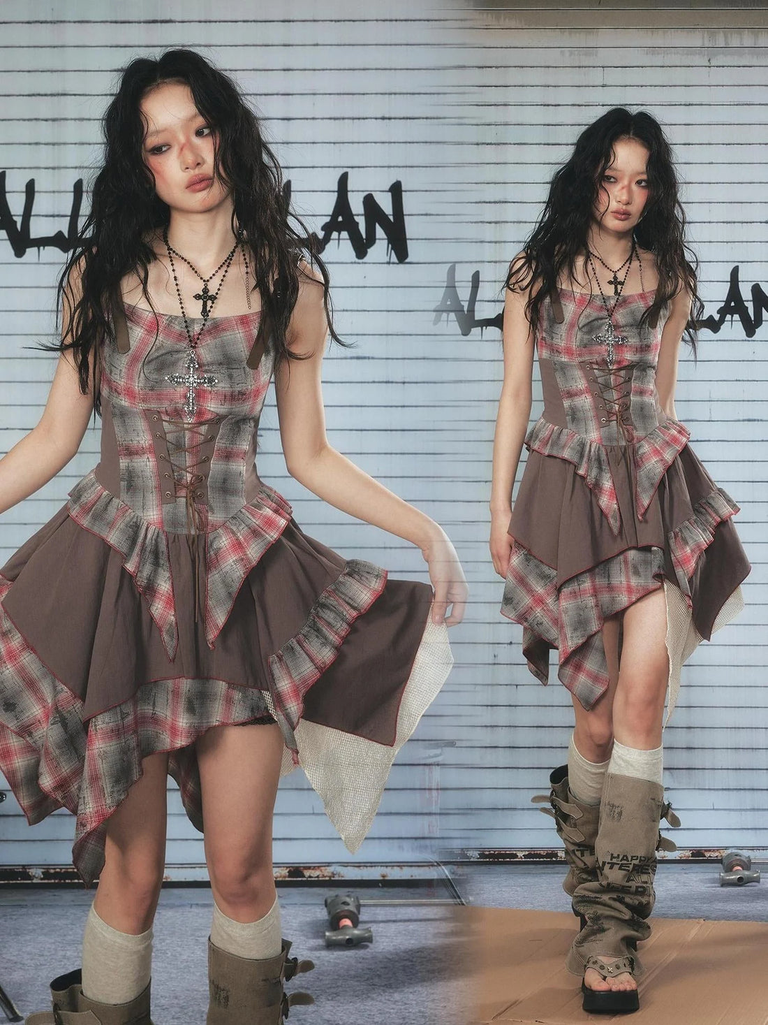 Vintage Plaid Mesh Asymmetrical Adjustable Strap V Neck Dress