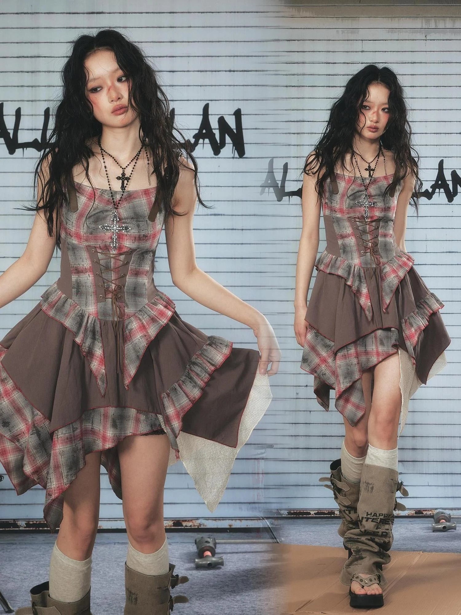 Vintage Plaid Mesh Asymmetrical Adjustable Strap V Neck Dress