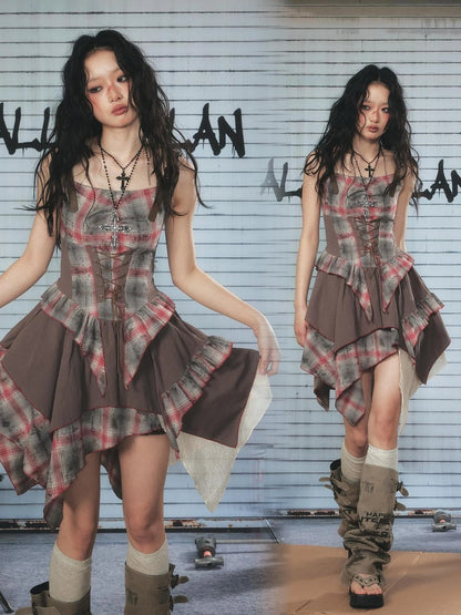 Vintage Plaid Mesh Asymmetrical Adjustable Strap V Neck Dress
