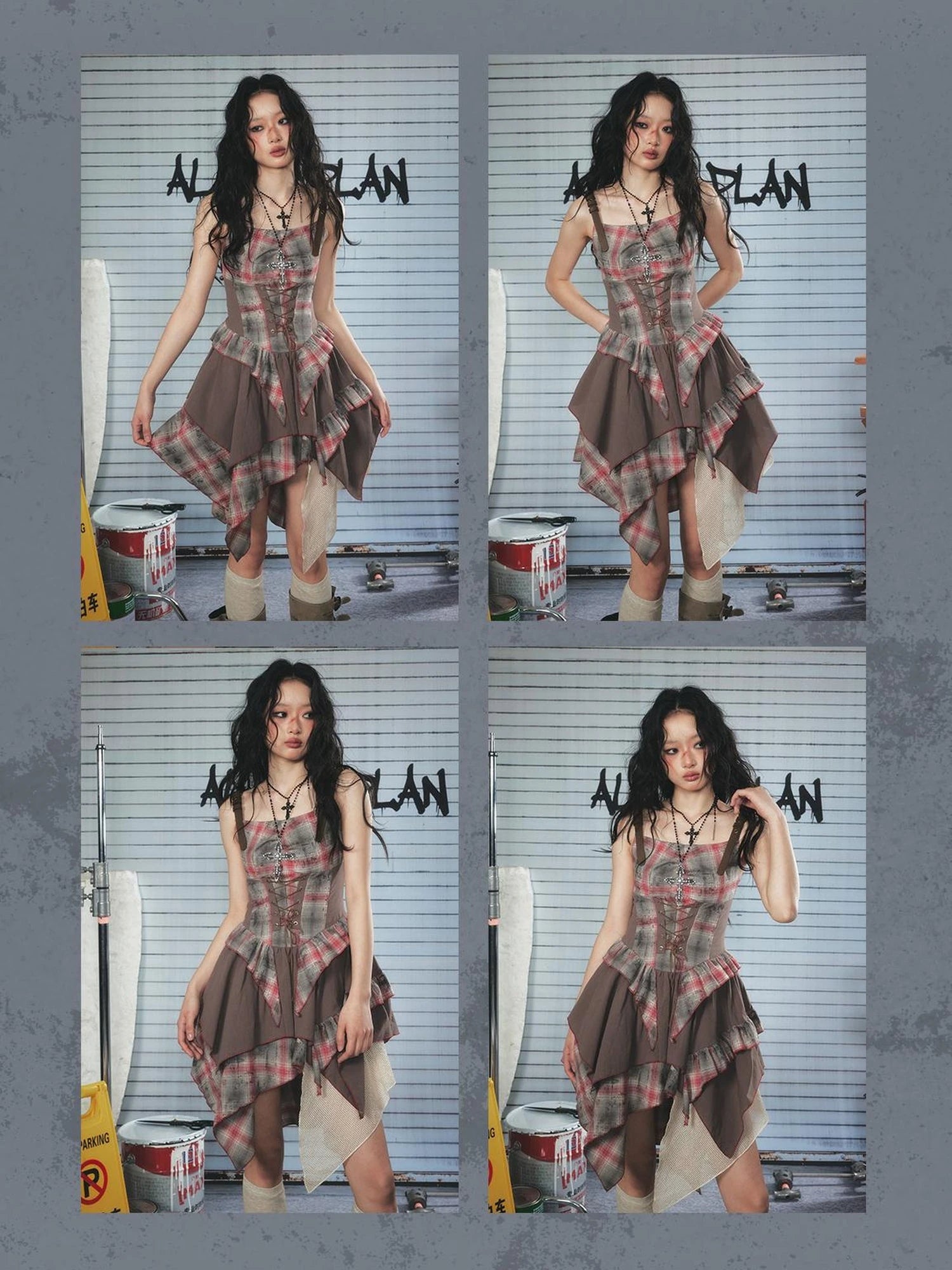 Vintage Plaid Mesh Asymmetrical Adjustable Strap V Neck Dress