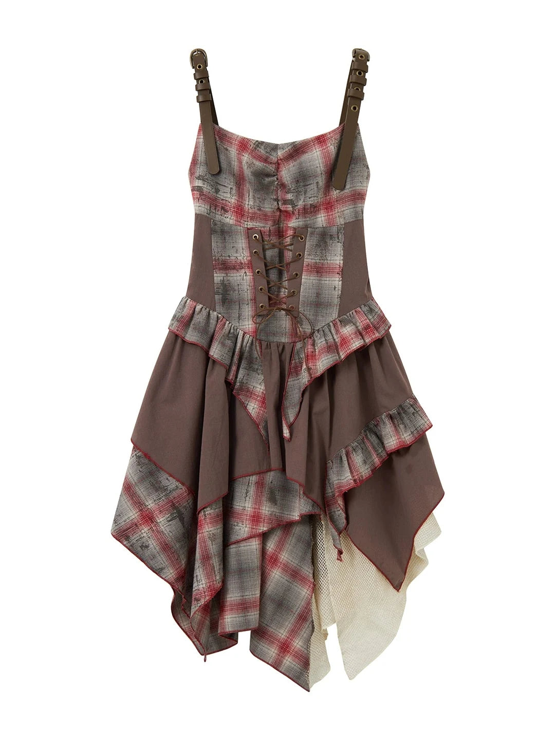 Vintage Plaid Mesh Asymmetrical Adjustable Strap V Neck Dress
