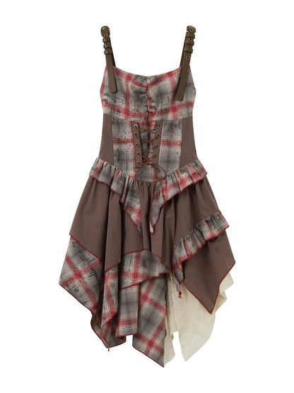 Vintage Plaid Mesh Asymmetrical Adjustable Strap V Neck Dress