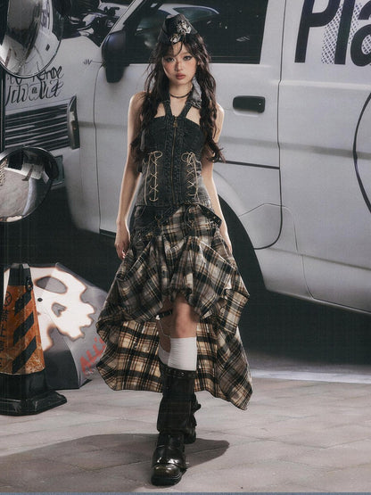ALL iN plan Vintage Plaid Patchwork Asymmetric Women&