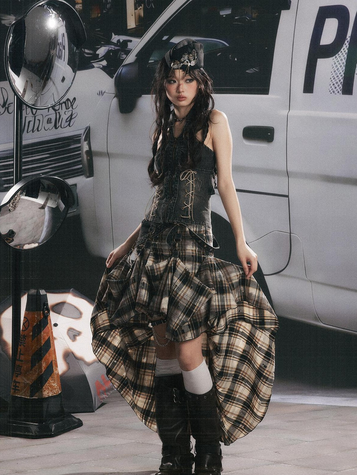 ALL iN plan Vintage Plaid Patchwork Asymmetric Women&
