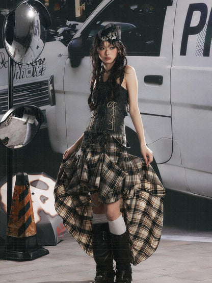 ALL iN plan Vintage Plaid Patchwork Asymmetric Women&