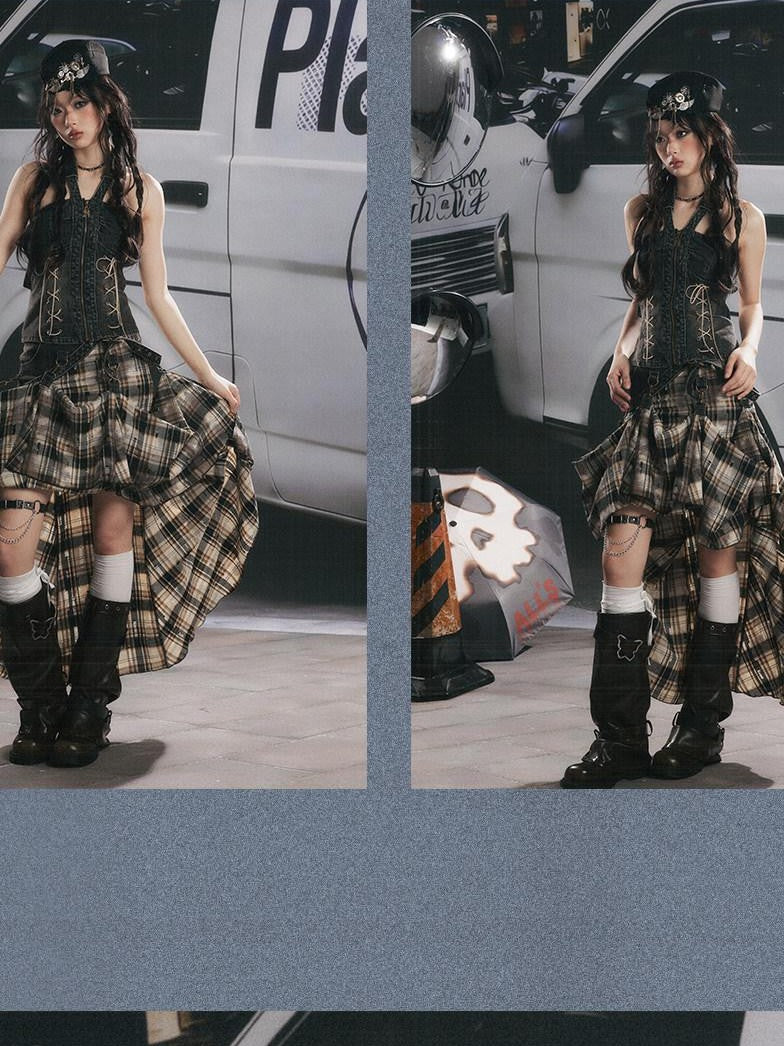 ALL iN plan Vintage Plaid Patchwork Asymmetric Women&