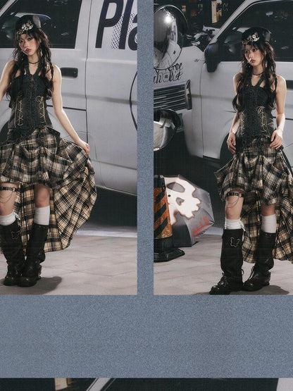 ALL iN plan Vintage Plaid Patchwork Asymmetric Women&