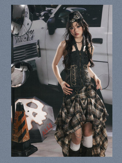 ALL iN plan Vintage Plaid Patchwork Asymmetric Women&