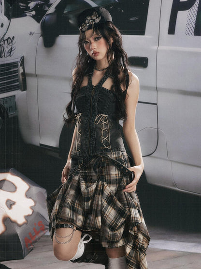 ALL iN plan Vintage Plaid Patchwork Asymmetric Women&