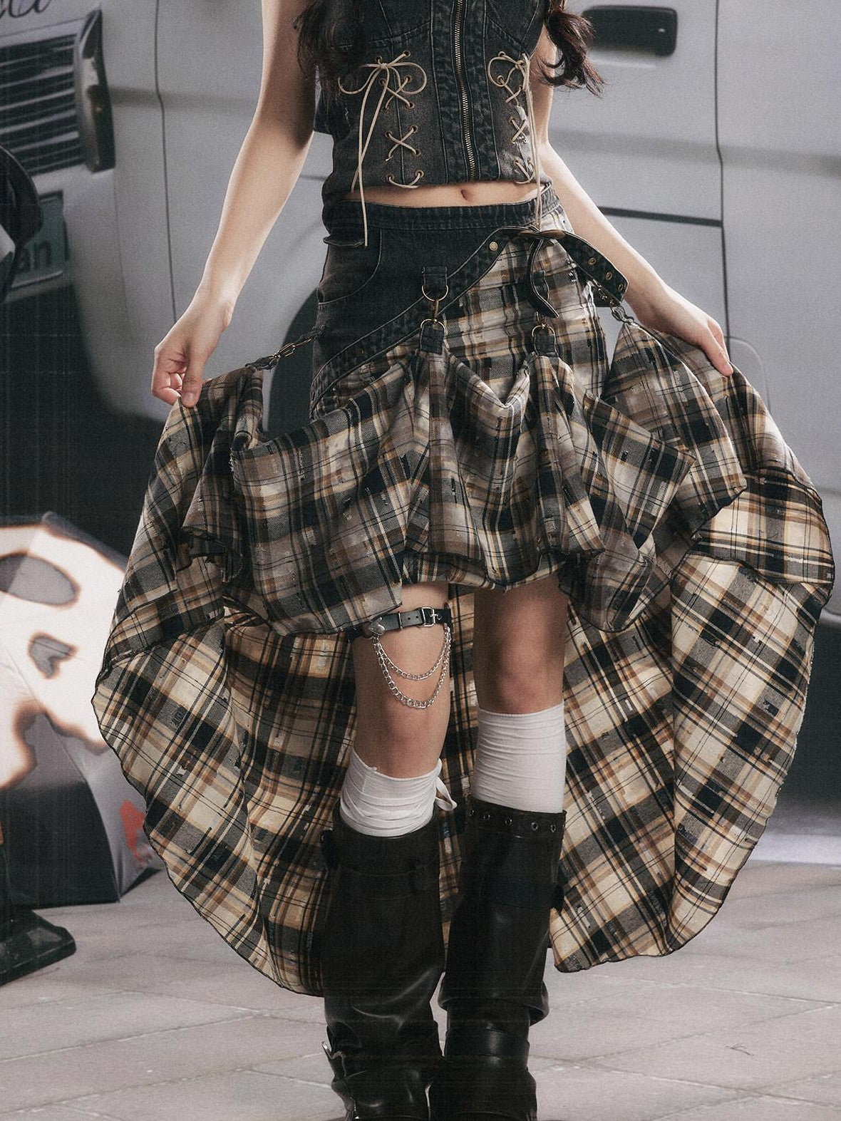 ALL iN plan Vintage Plaid Patchwork Asymmetric Women&