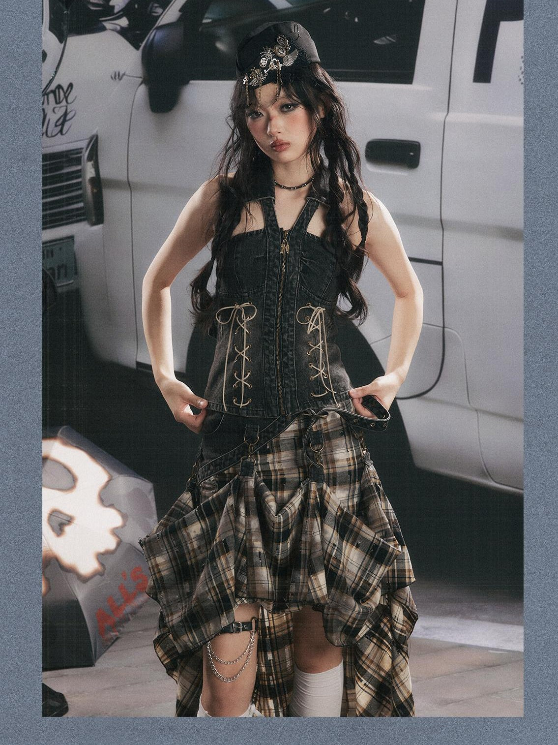 ALL iN plan Vintage Plaid Patchwork Asymmetric Women&