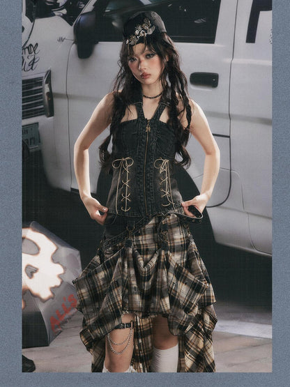 ALL iN plan Vintage Plaid Patchwork Asymmetric Women&