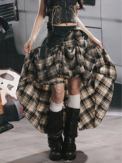 ALL iN plan Vintage Plaid Patchwork Asymmetric Women&