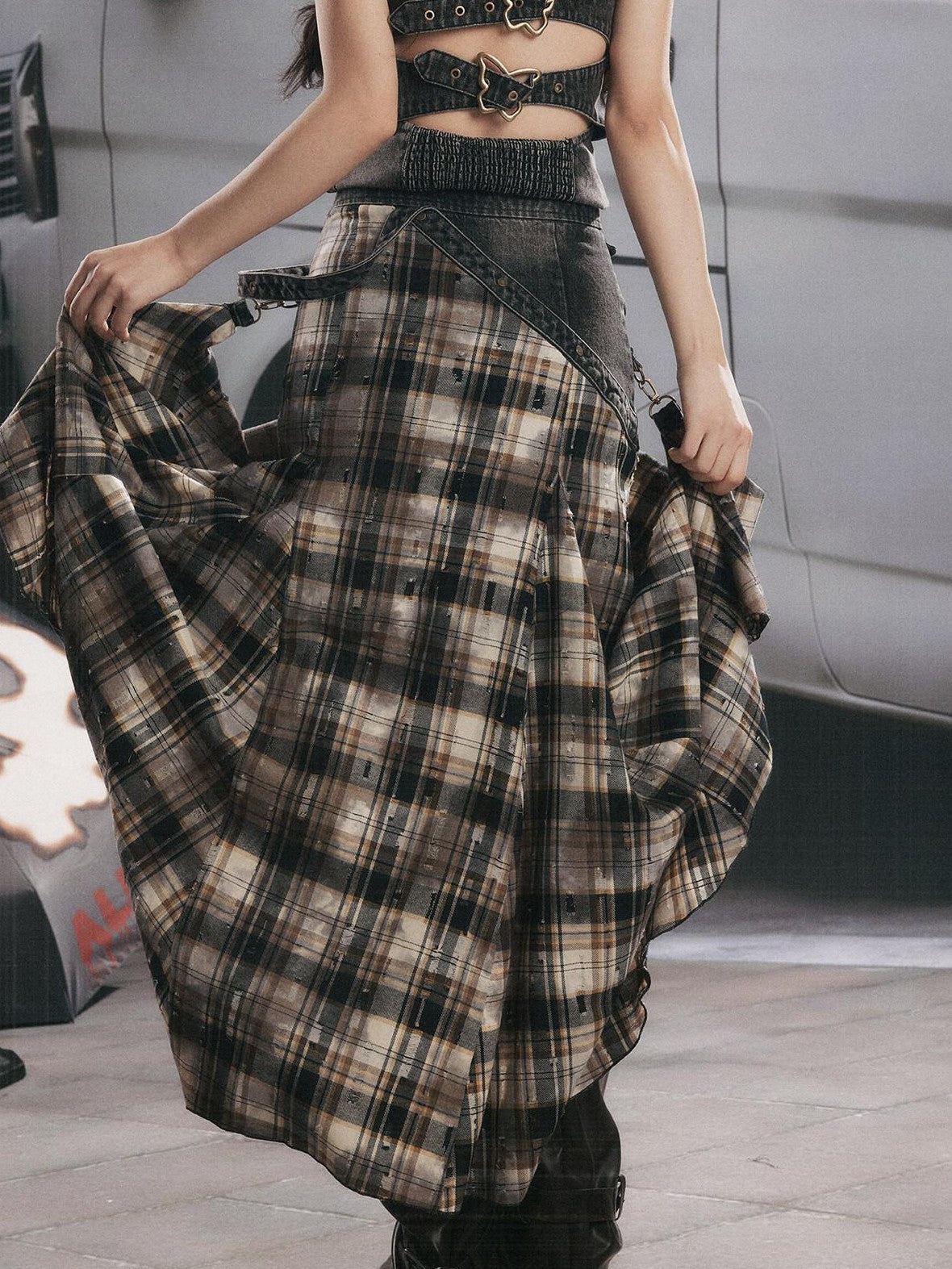 ALL iN plan Vintage Plaid Patchwork Asymmetric Women&