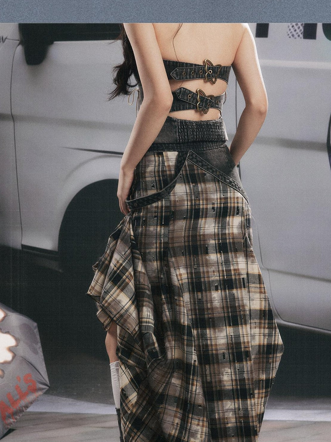 ALL iN plan Vintage Plaid Patchwork Asymmetric Women&